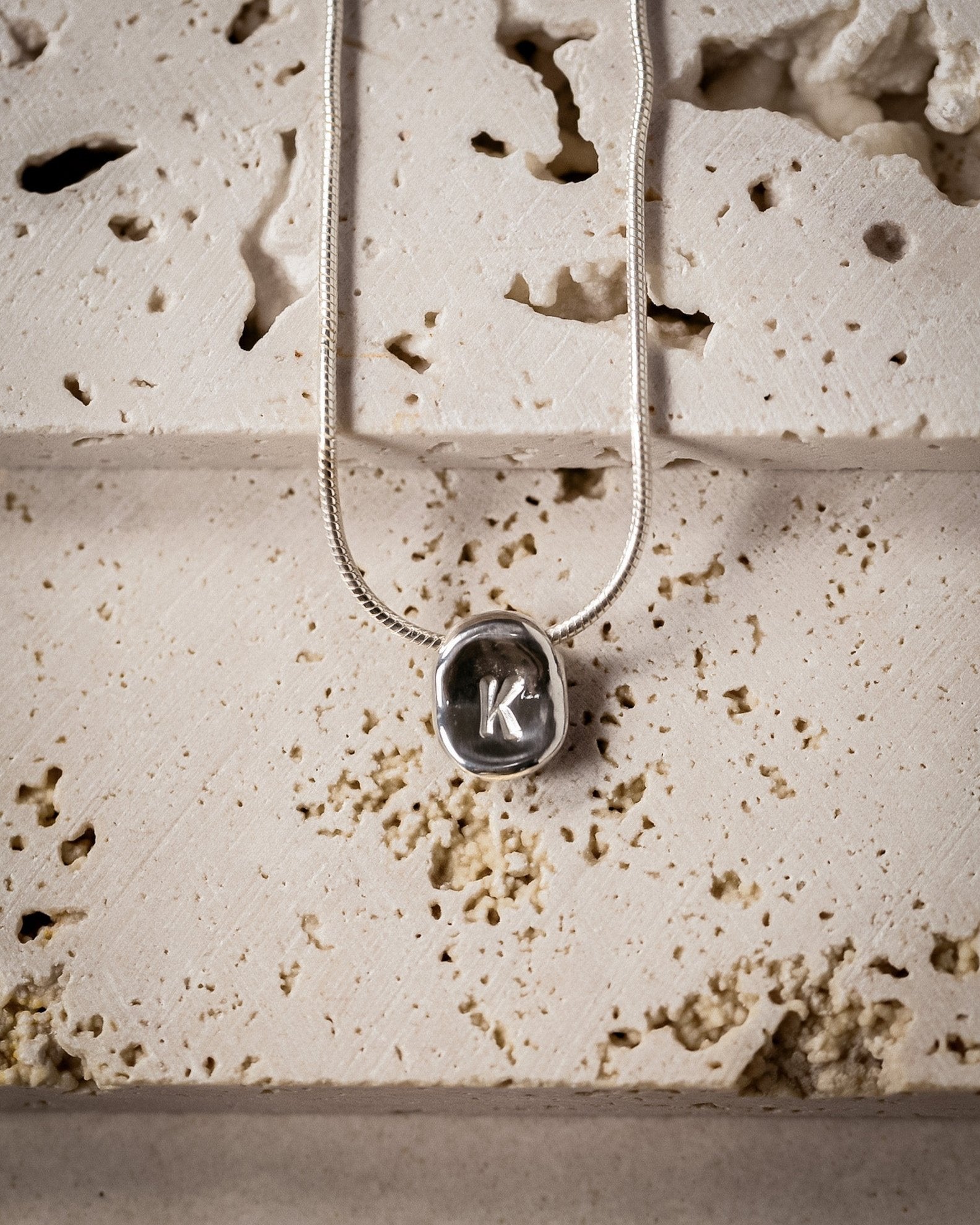 Kharys jewelry hand hammered alphabet letter necklace with snake chain in 925 sterling silver