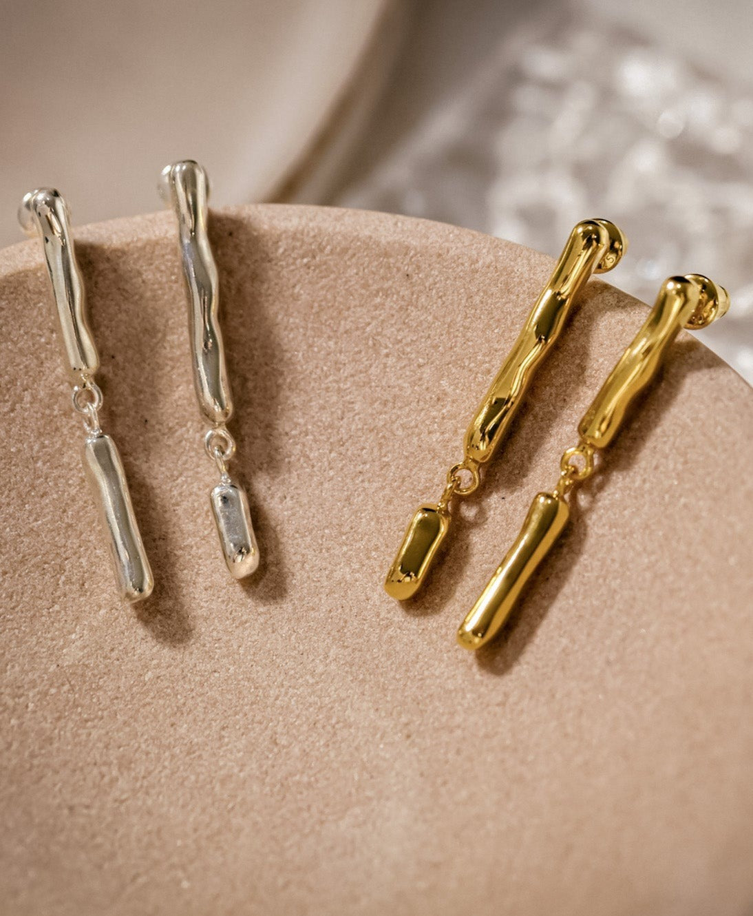 Kharys jewelry organic shaped hanging icicle earrings in 925 sterling silver and 18k gold vermeil